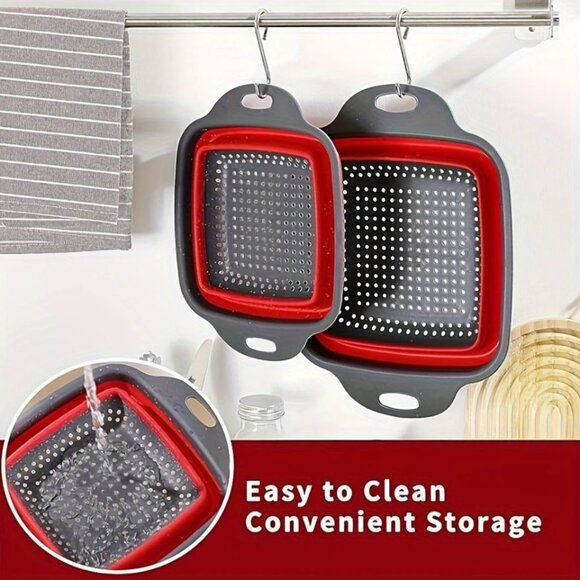 NEW 2-Pack Collapsible Silicone Colanders Red -Space-Saving Kitchen Strainers - Picture 3 of 7